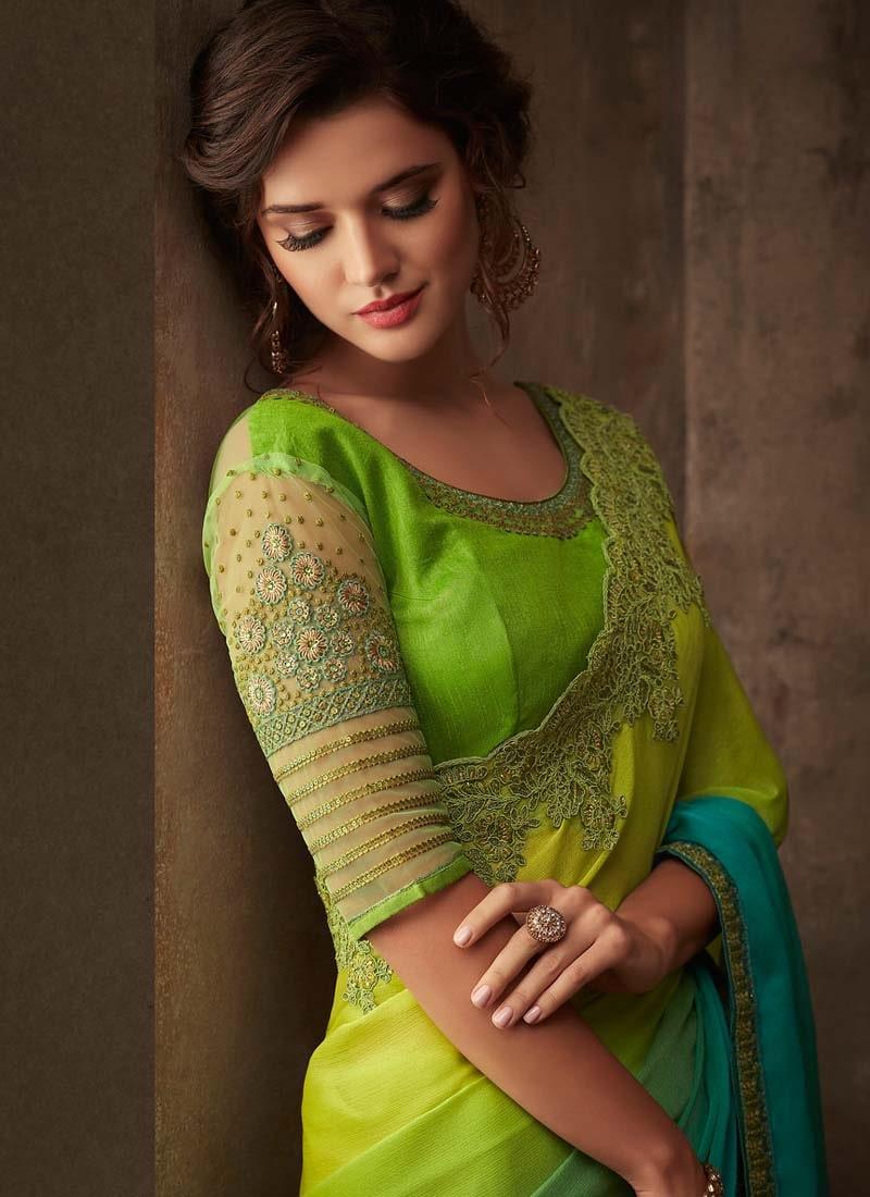 Glam Look Shaded Green Color Silk Base Heavy Work Designer Saree New Arrival For Sale