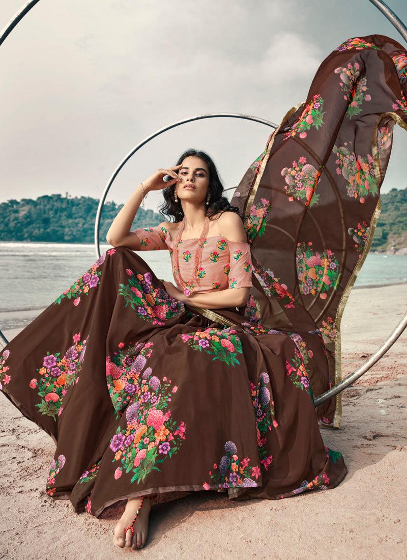 Fabulous Brown Digital Print Resham Organza Lehenga Choli Set Wholesale Pice Cheap Online