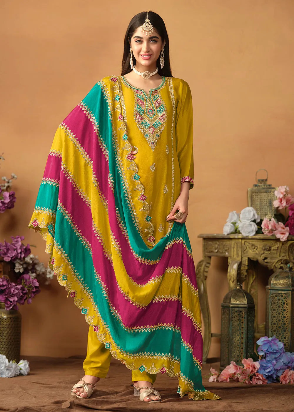 Glowing and Dazzling Chinon Silk Yellow Salwar Suit For Sale Wholesale Pice