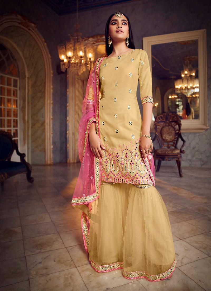 Beautiful Beige Color Organza Base With Heavy Work Designer Sharara Suit Buy Cheap Order