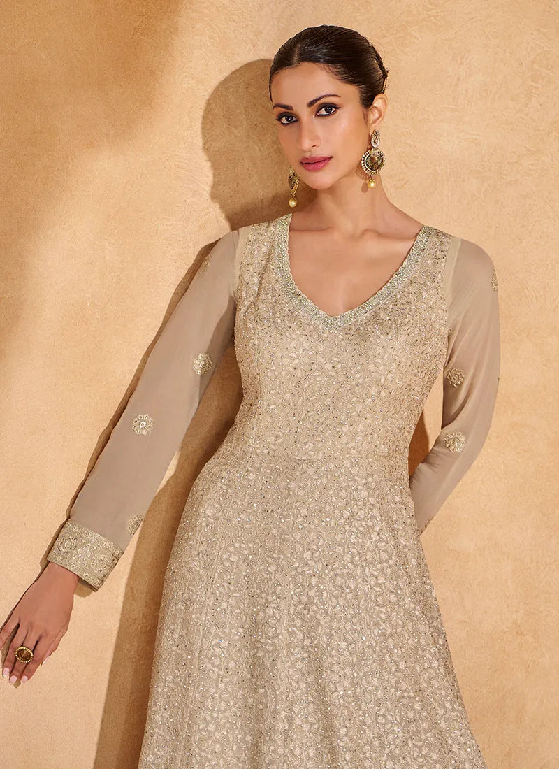 Elegant Beige Ombre Embroidered Designer Anarkali Gown Best Wholesale Sale Online