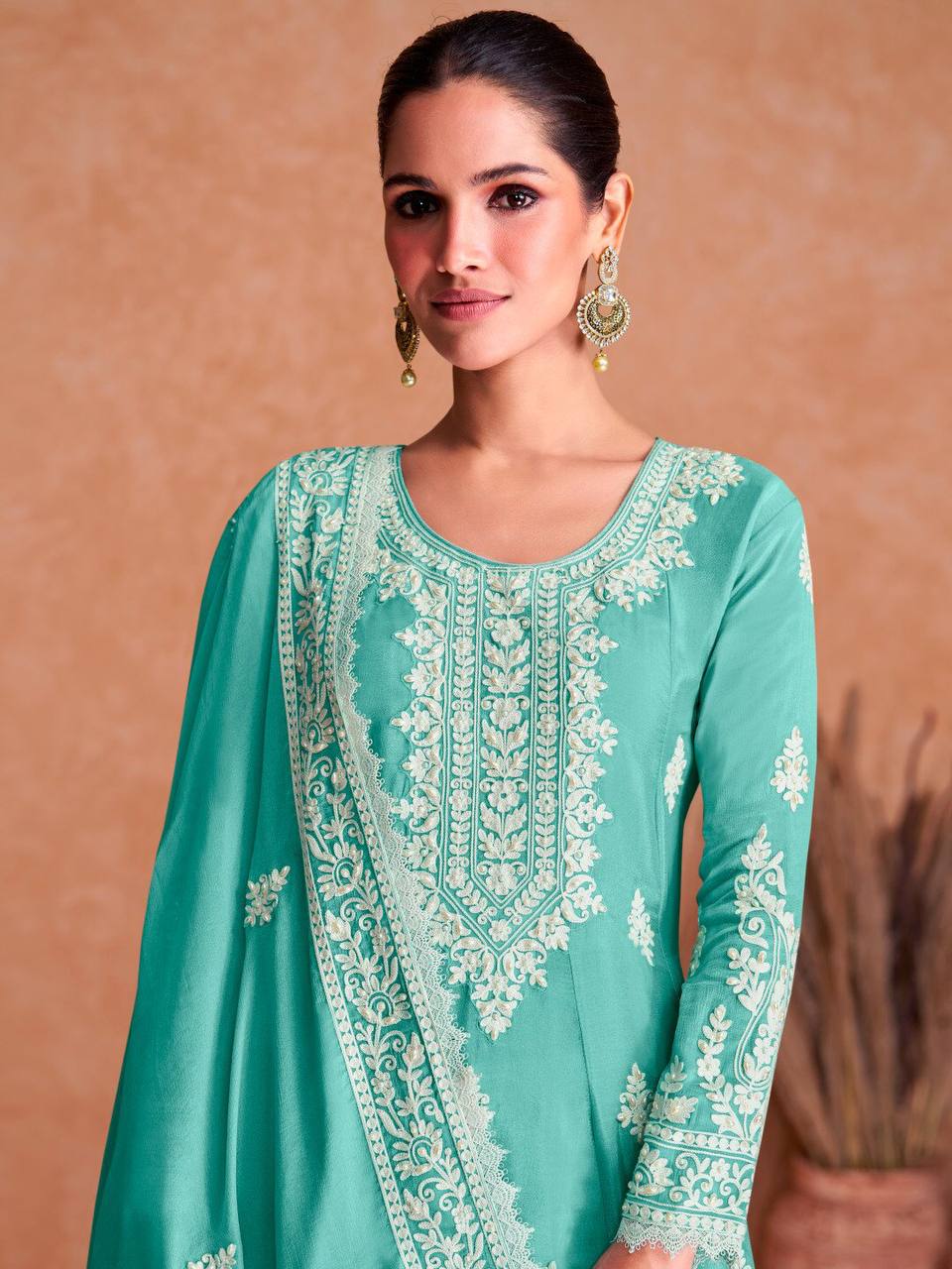 Angelic Aqua Faux Georgette Embroidered Sharara Suit For Sale Top Quality