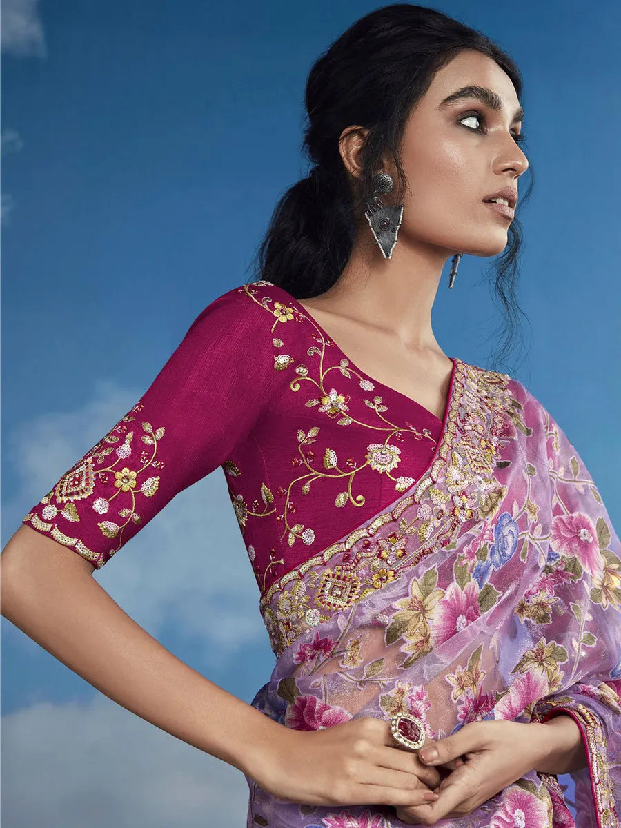 Luxurious Lavender Heavily Floral Embroidered Brasso Saree 100% Original Online