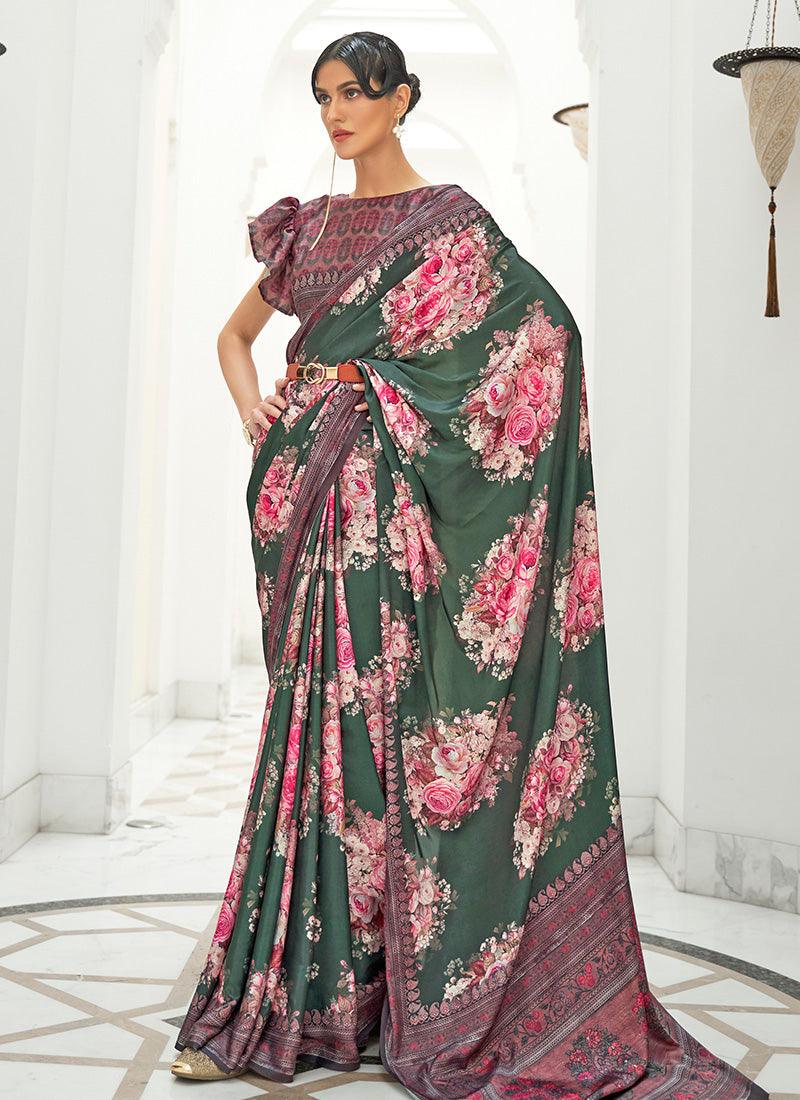 Enchanting Green Color Silk Fabric Partywear Floral Print Saree Buy Cheap Pre Order