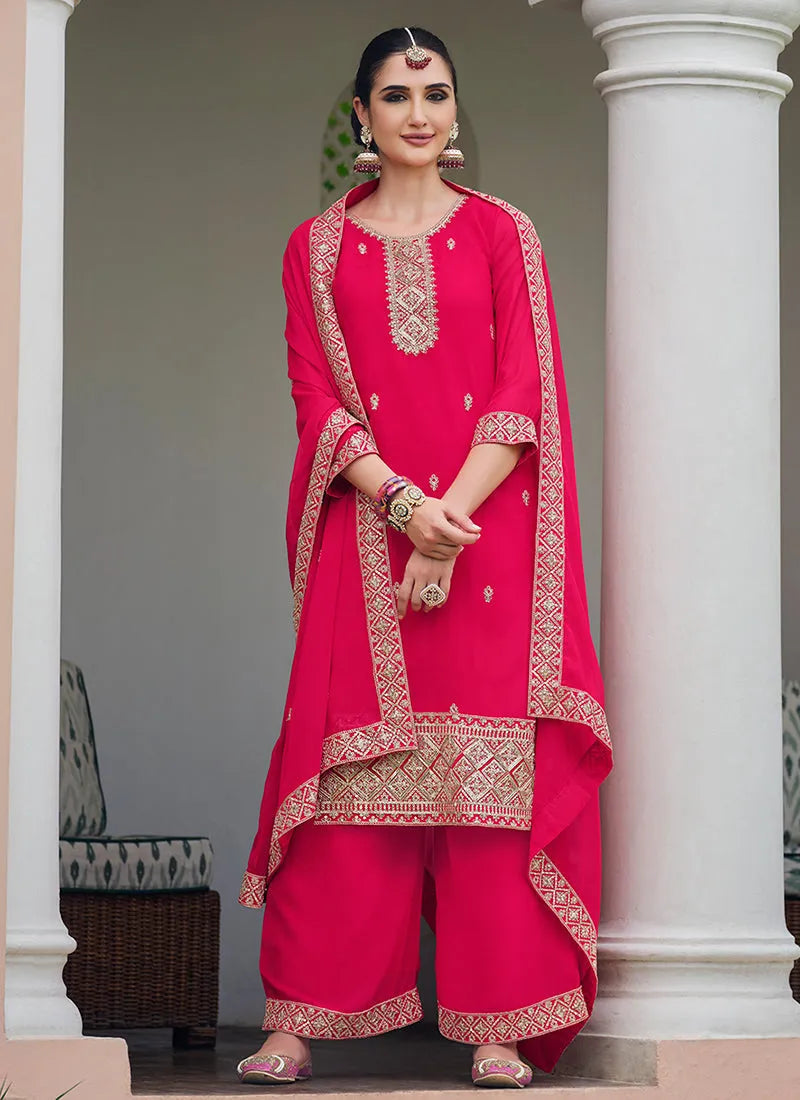 Mesmerizing Pink Embroidered Georgette Palazzo Suit Discount Fashionable