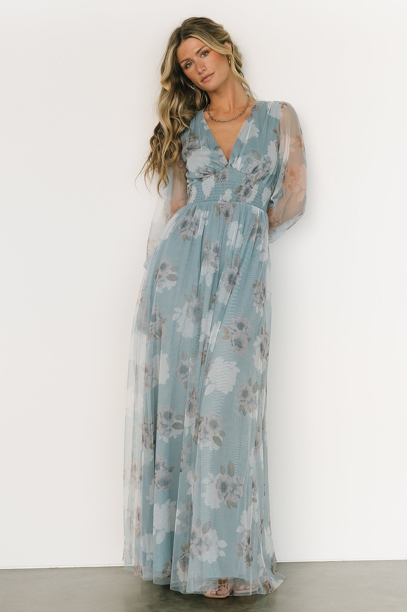 Layla Tulle Maxi Dress | Light Blue Floral Fashionable Online