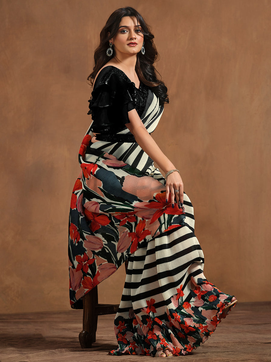 Classic Black-White Satin Silk Printed Ready To Wear Saree Discount In China