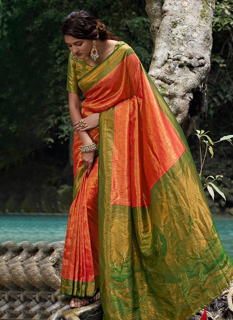 Silk Weave Orange Kanjivaram Saree Best Seller Cheap Pice