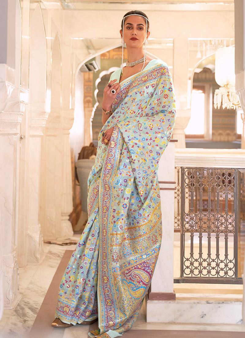 Sky Blue Printed Occasional Floral Saree For Sale Online