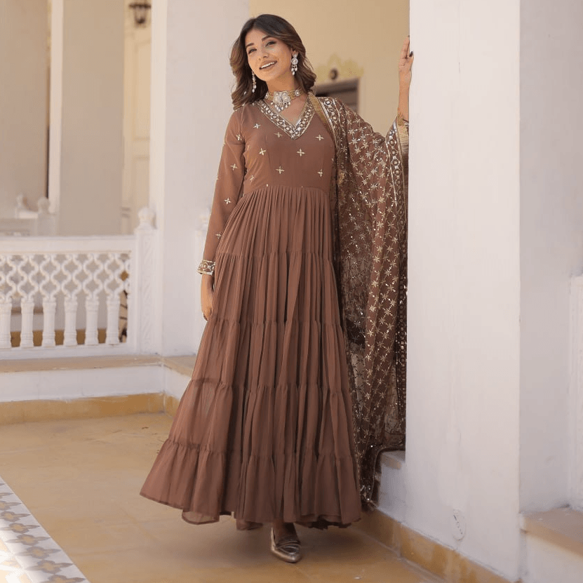 Brown Georgette readymade ruffled gown with dupatta Buy Cheap Manchester