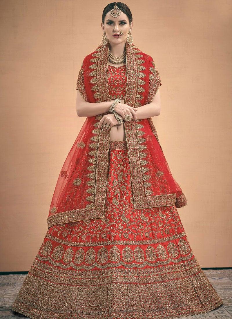 Zari And Stone Work Red Color Satin Fabric Lehenga Choli Quality Free Shipping Low Pice