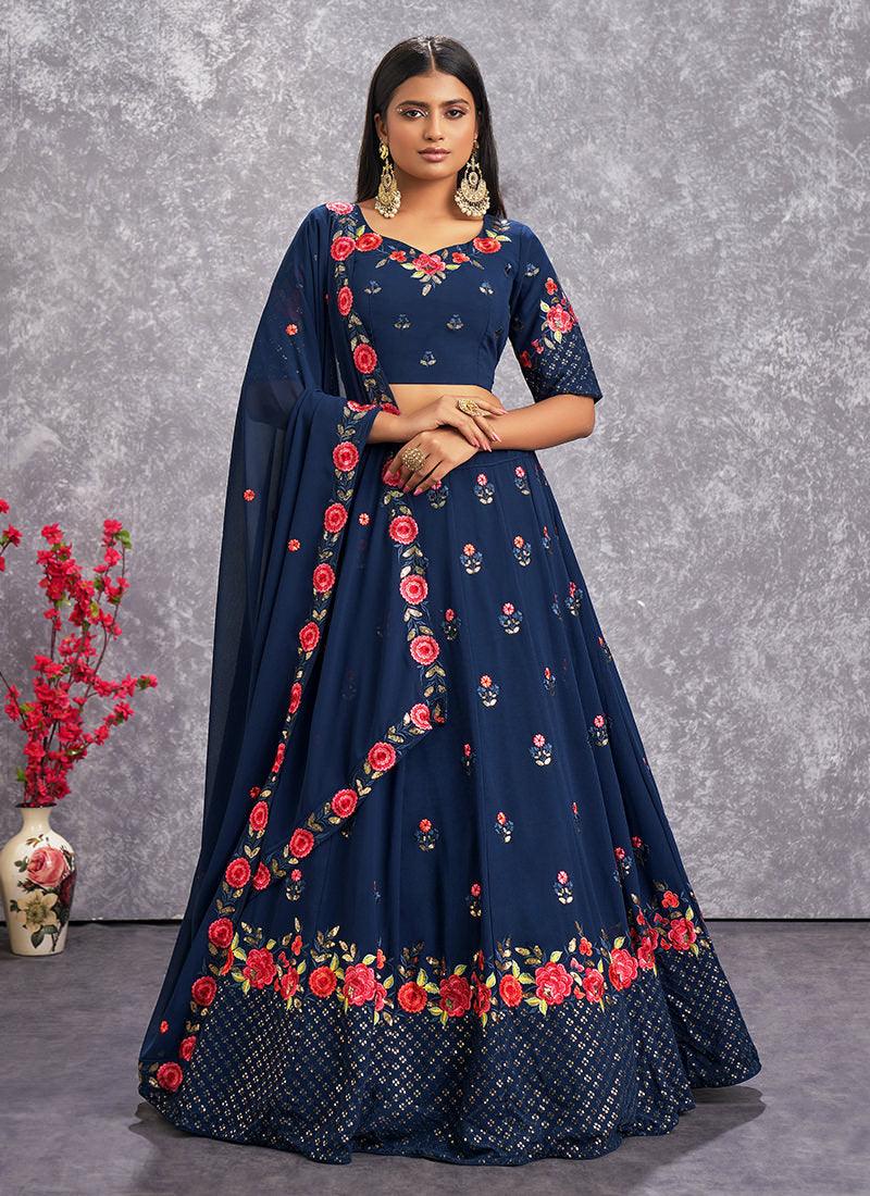 Thread With Sequins Teal Blue Georgette Lehenga Cheap Sale Eastbay