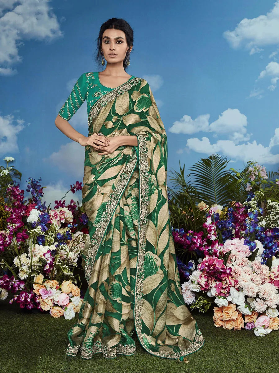 Pleasing Green Heavily Floral Embroidered Brasso Saree Real Cheap Online