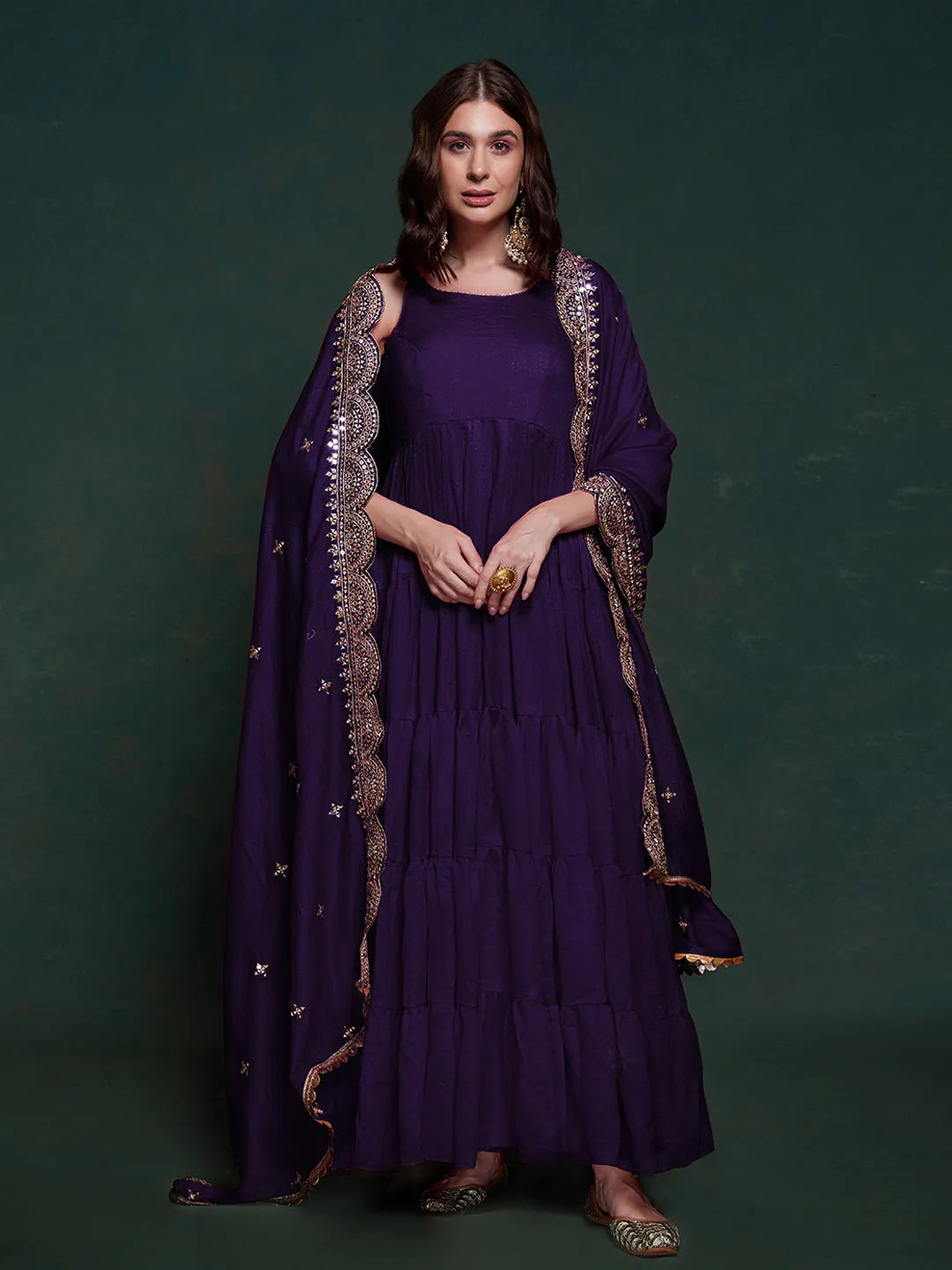 Purple Ruffle Sleeveless Gown With Heavy Dupatta 2025 Unisex Online