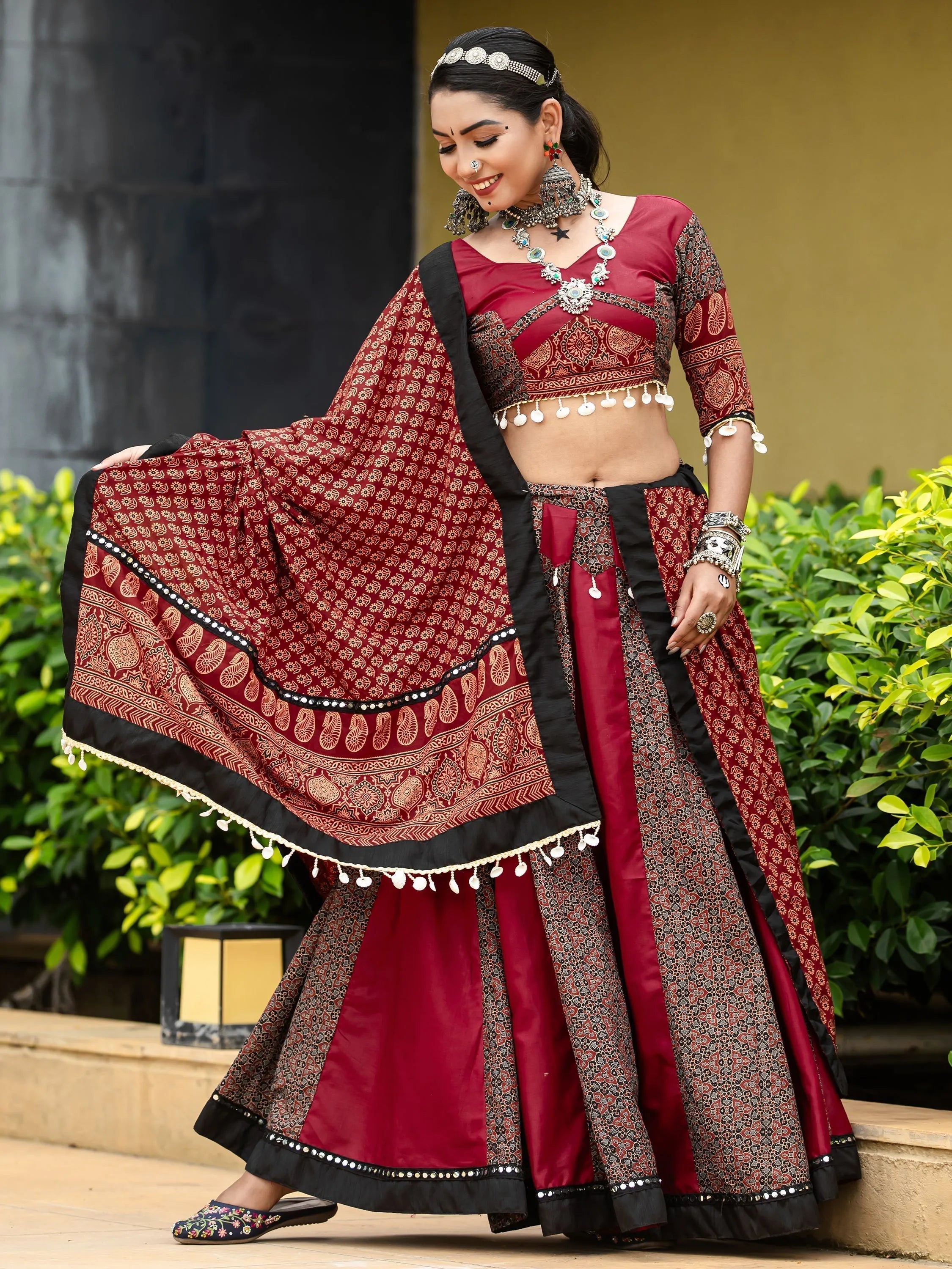 Maroon Cotton Flared Rajwadi Navratri  Lehenga Choli Free Shipping With Mastercard