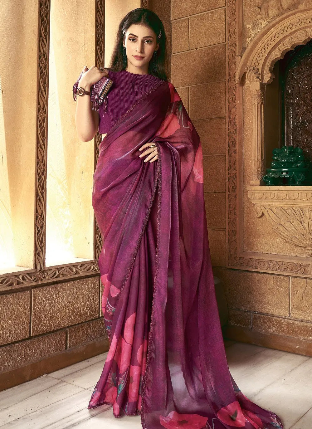 Wine Satin Silk Printed Thread Worked Designer Saree Free Shipping Sast