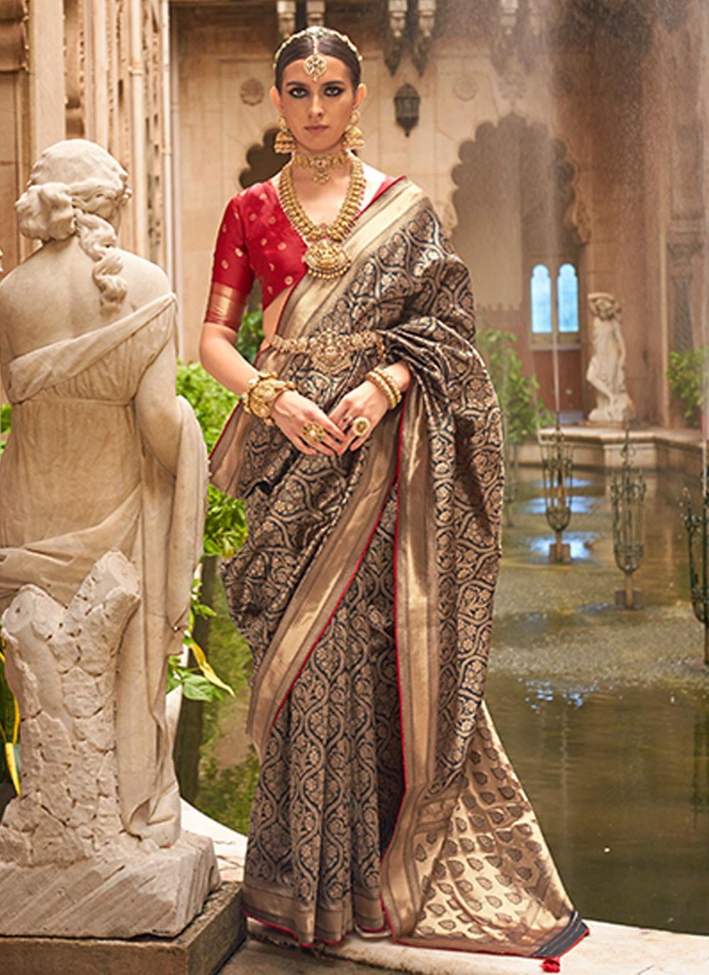 Attractive Beige Silk Jacquard Weaving Worked Classic Saree Free Shipping Cheap Pice