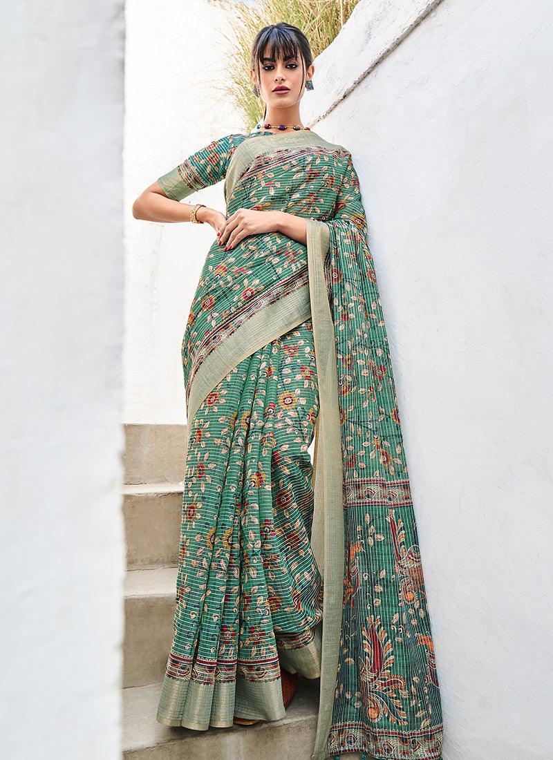 Linen Fabric Green Printed Floral Saree Buy Cheap Fashion Style