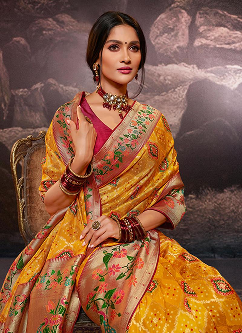 Yellow Color Dola Silk Weave Printed Saree Buy Cheap Fake