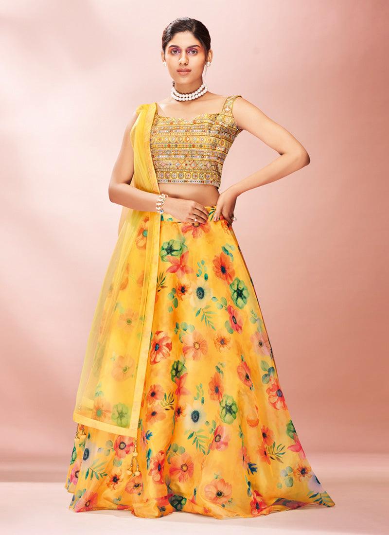 Sleeveless Mirror Work Yellow Color Organza Base Lehenga Choli Discount How Much