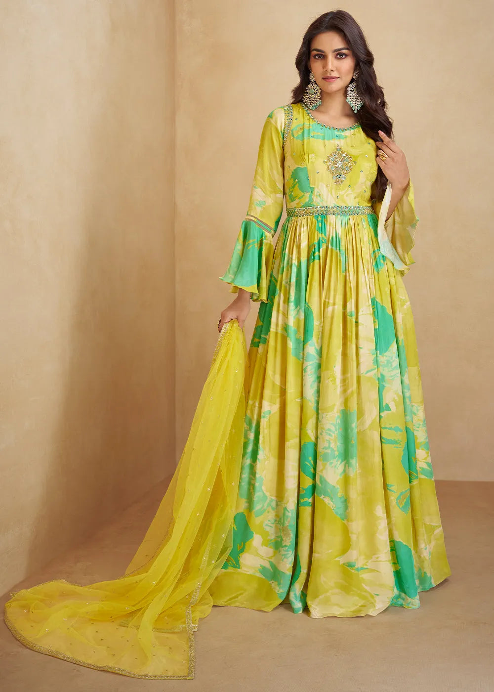 Lemon Yellow Digital Floral Printed  Chinon Anarkali Gown With Dupatta Best Sale Online