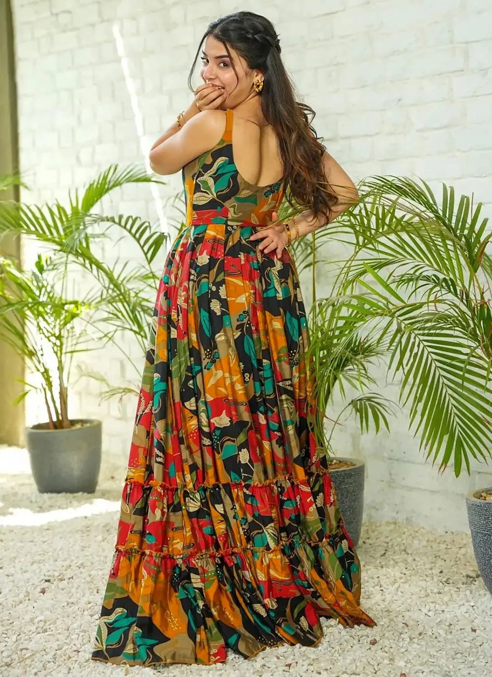 Vibrant Rayon Gown with Full Flare and Multicolor Digital Print Clearance For Cheap