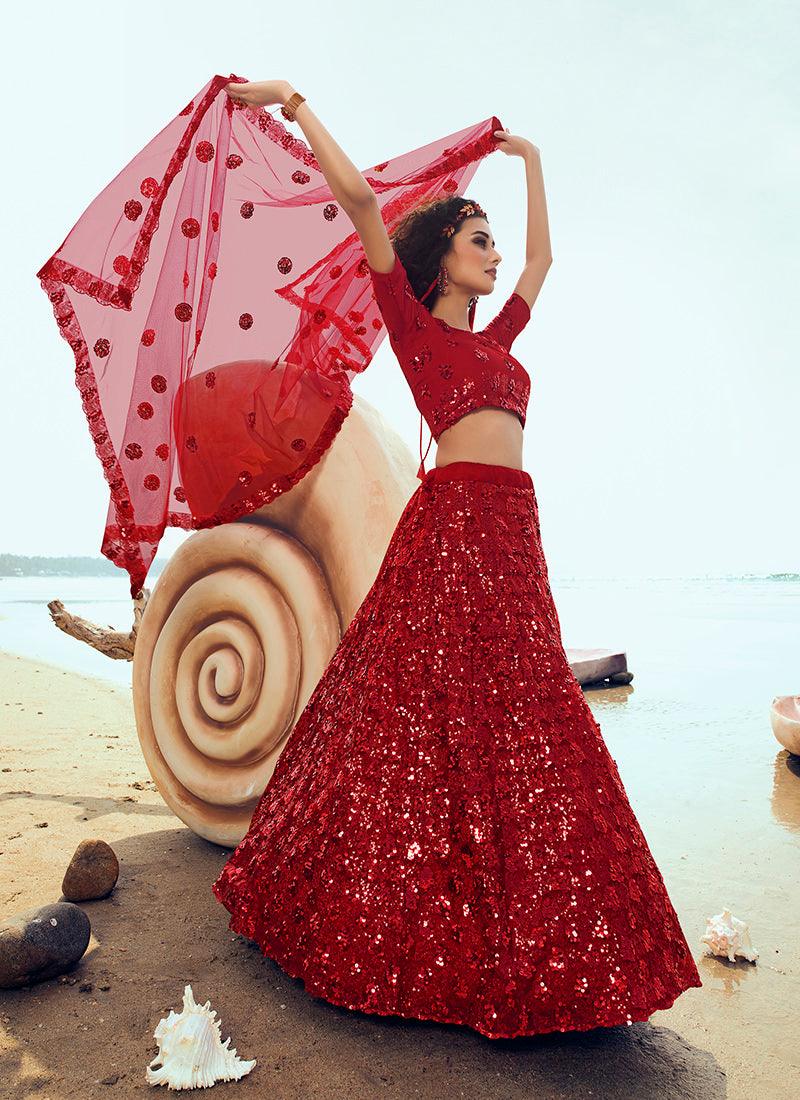 Modish Bright Red Soft Net Base Sequin Work Lehenga Choli Best Place