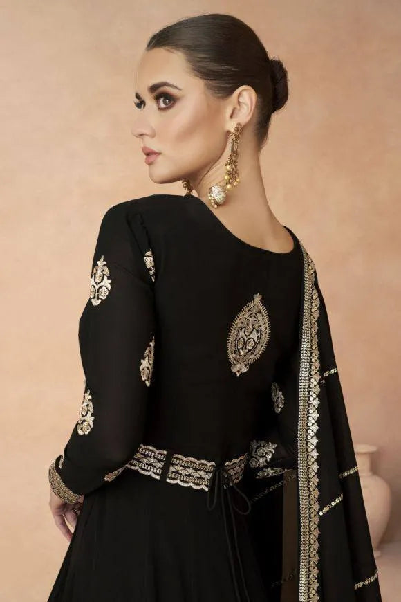 Designer Black Faux Georgette Embroidered Gown With Belt Cheap Sale 2025