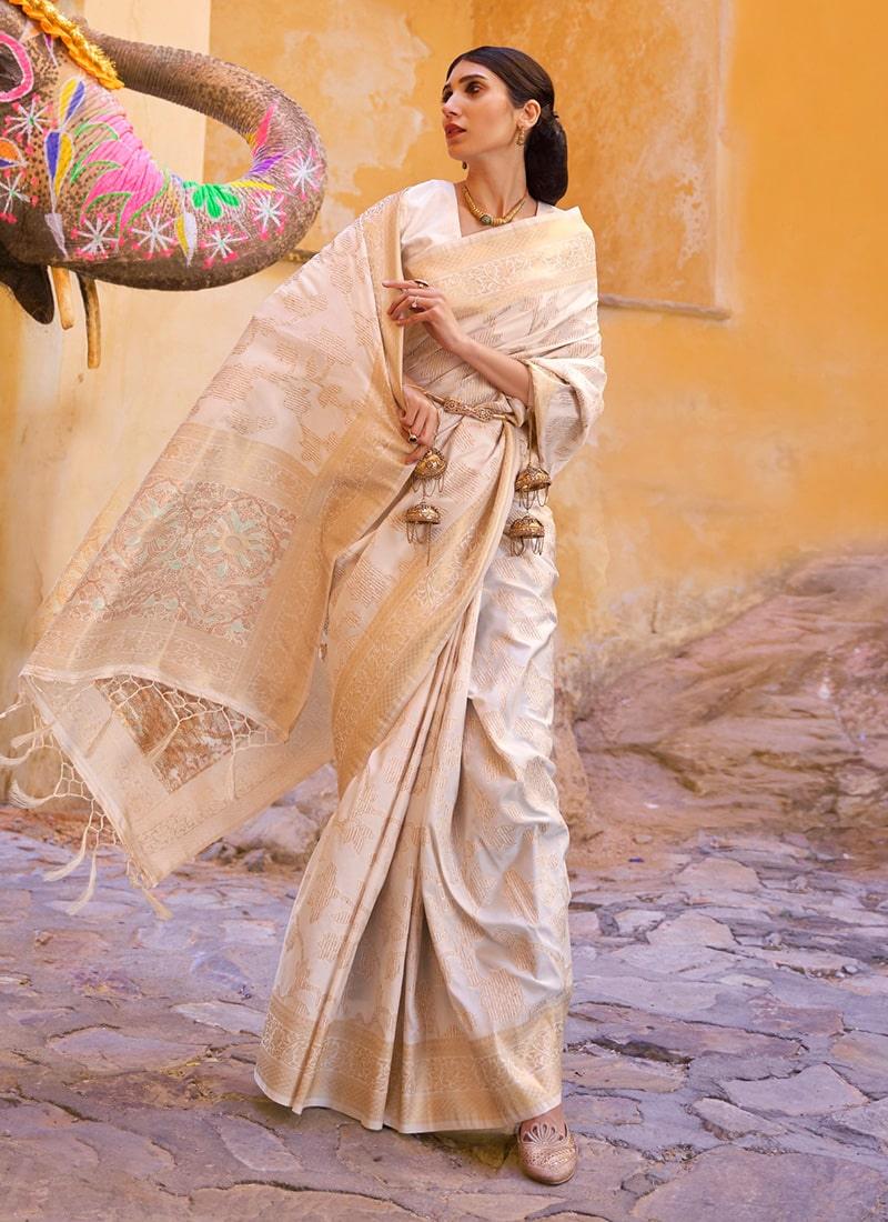 Lavish Cream Color Silk Base Printed Saree With Sequins Work Low Cost For Sale