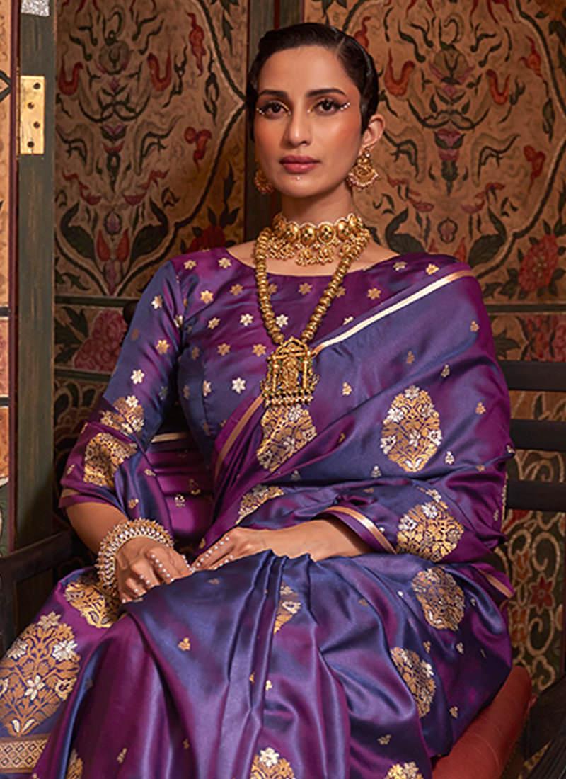 Half Sleeves Silk Weave Purple Saree Free Shipping Deals