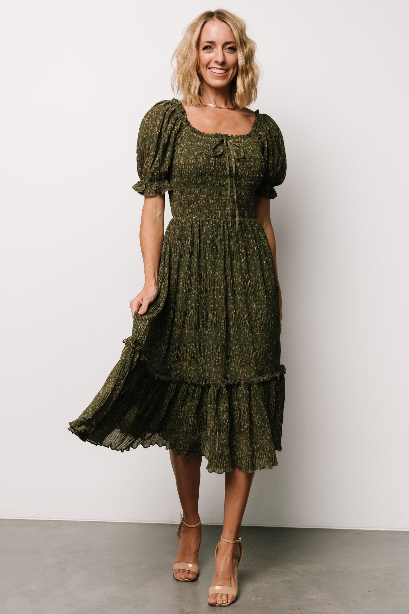 Beatrice Smocked Midi Dress | Olive Floral Clearance Footaction