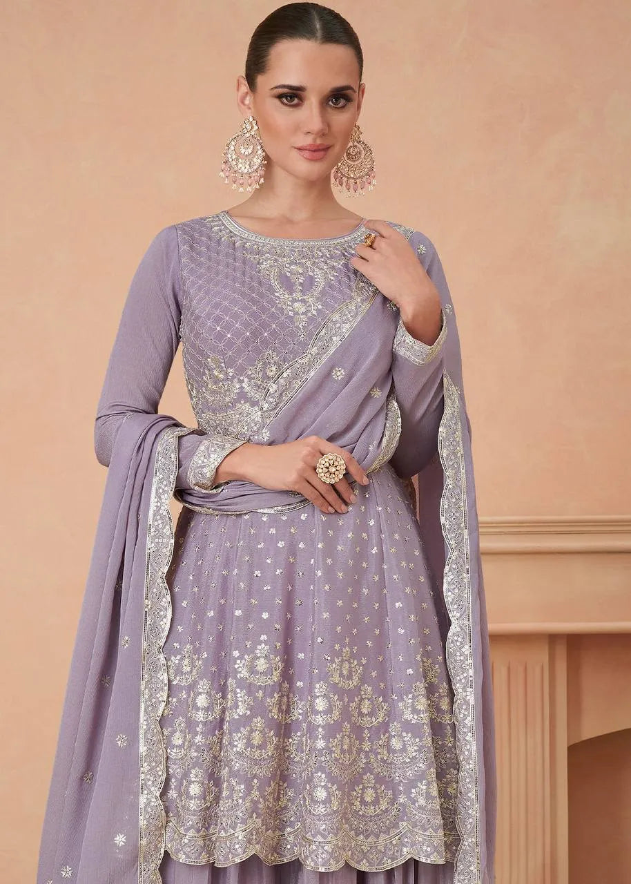 Luxurious Lavender Chinon Embroidered Sharara Suit Free Shipping Online