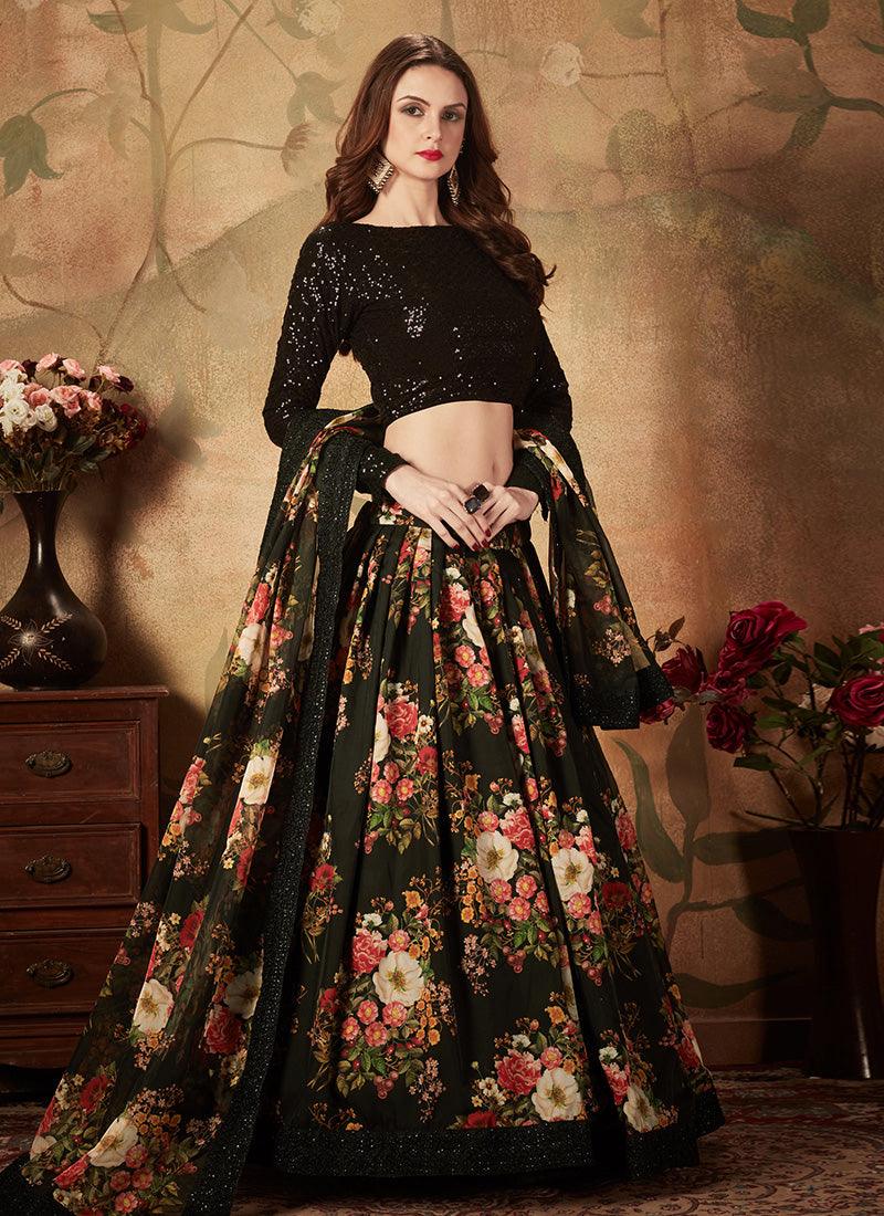 Black Color Organza Fabric Floral Print Lehenga Choli From China For Sale