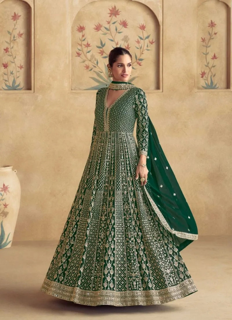 Designer and Stylish Dark Green Embroidered Anarkali Suit Discount Low Shipping Fee