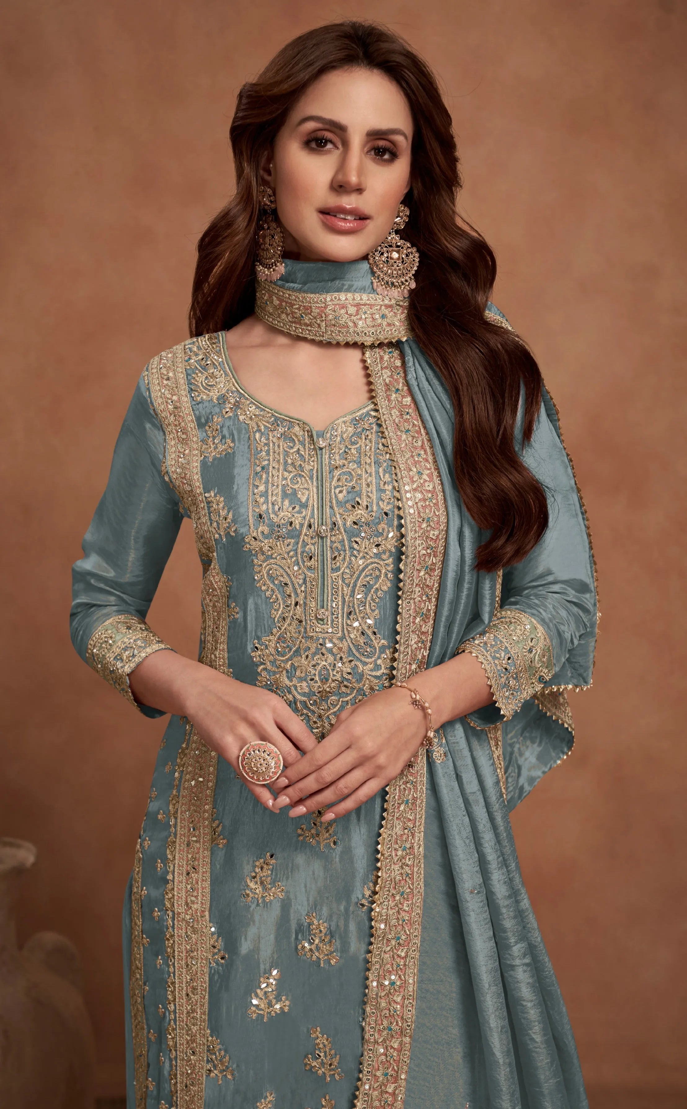 Slate Blue Simar Silk Palazzo Suit with Golden Embroidered Free Shipping Manchester Great Sale