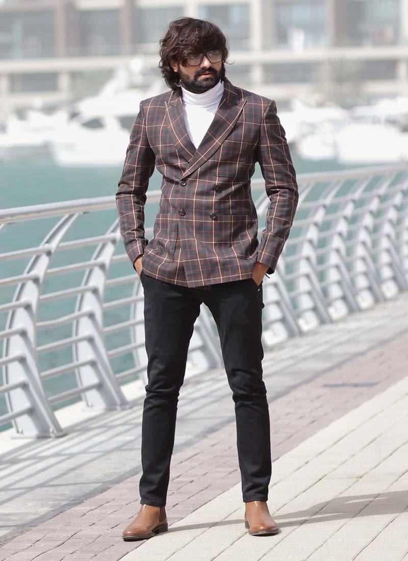 Brown Color Double Breasted Check Pattern Structured Fit Blazer Discount High Quality