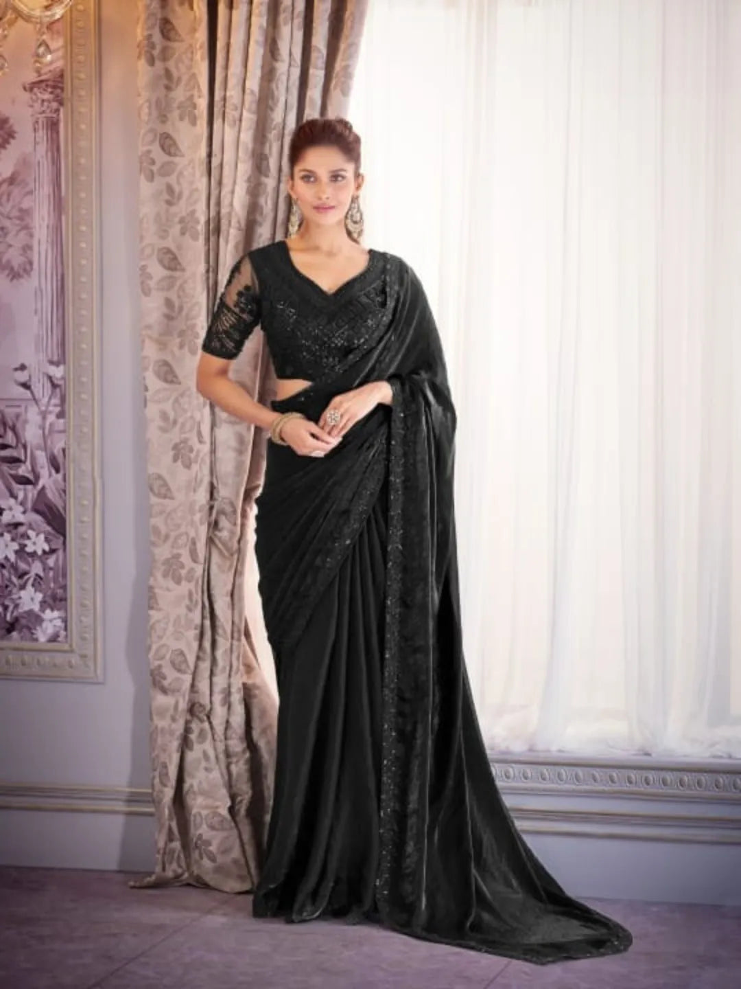 Stunning Black Satin Organza Embroidered Saree Real Cheap Online