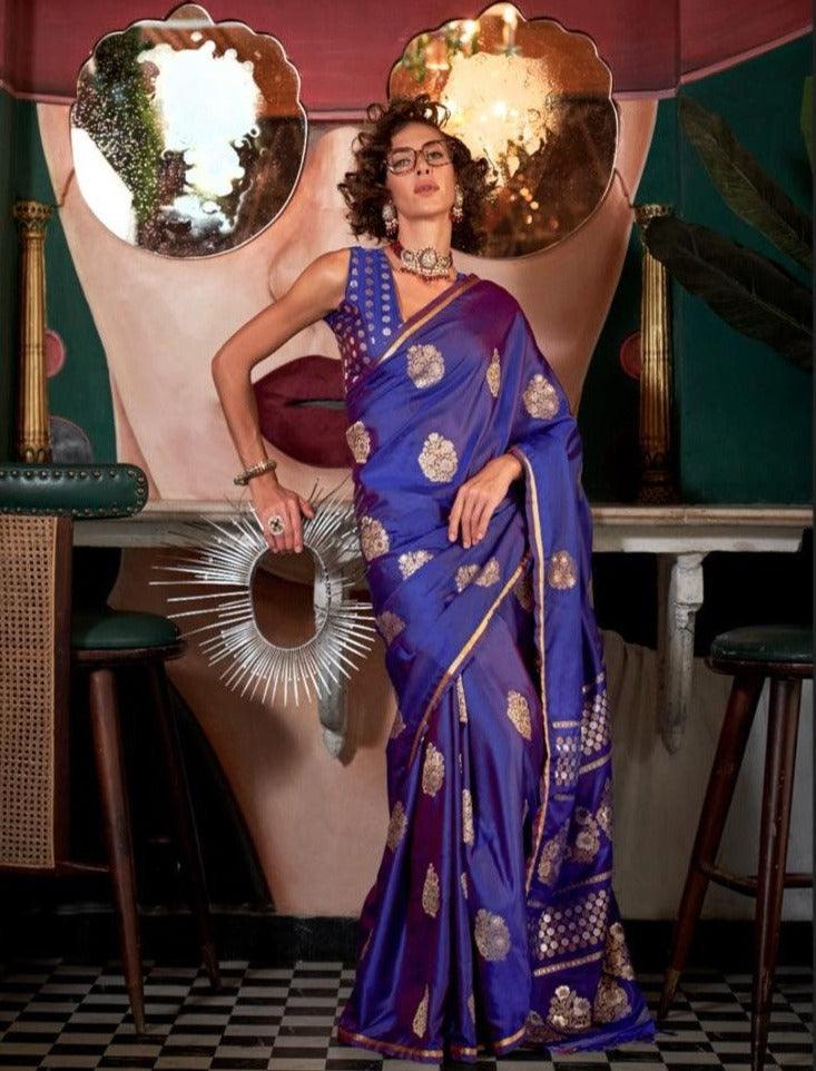 Purply Blue Designer Pure Satin Weaving Zari Silk Saree Cheap Very Cheap