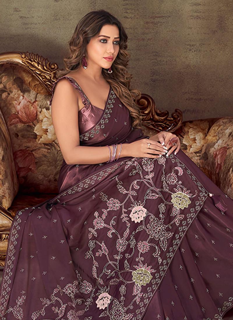 Stone Work Wine Color Classic Saree Official Sale Online