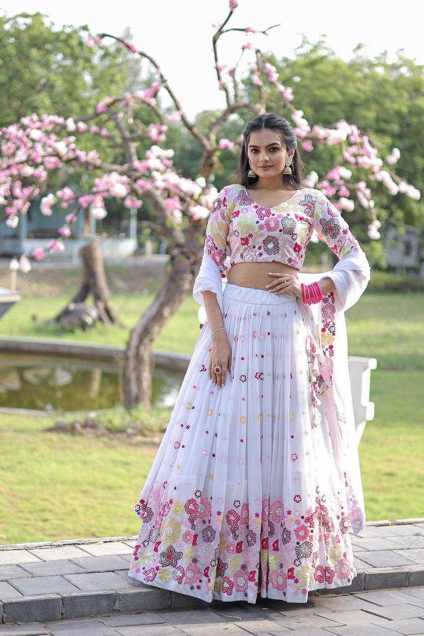 White Multi Sequins Embroidered Georgette Lehenga Choli Sale Best Wholesale