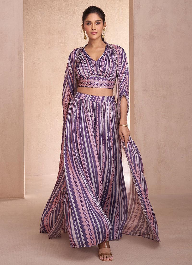 Purple Printed Sequins Embroidered Cape Style Top Palazzo Suit Discount 2025 Newest