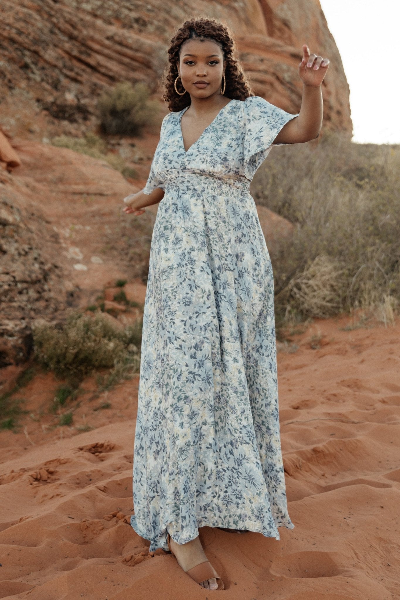 Verona Smocked Maxi Dress | White + Blue Print Latest Cheap Online