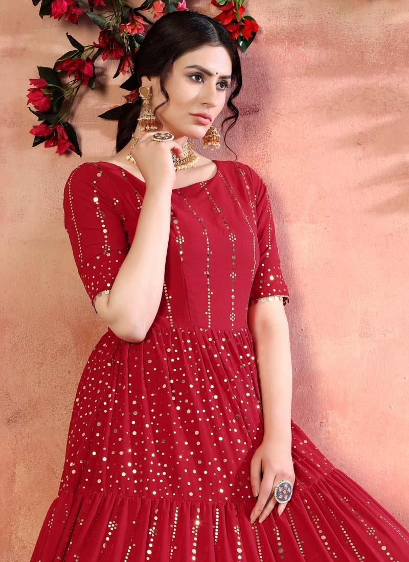 Gorgeous Red Color Georgette Fabric Fancy Sequins Work Gown Buy Cheap Extremely