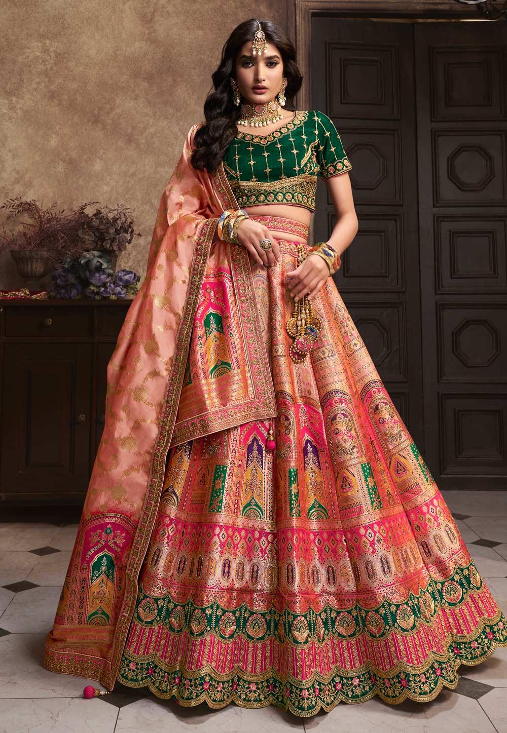 Peach Green Banarasi Silk Wedding Lehenga Choli Set Sale Online Online