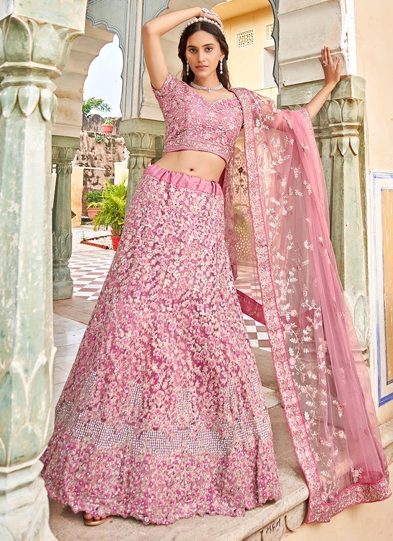 Sequins Embroidered Peach Soft Net Lehenga High Quality