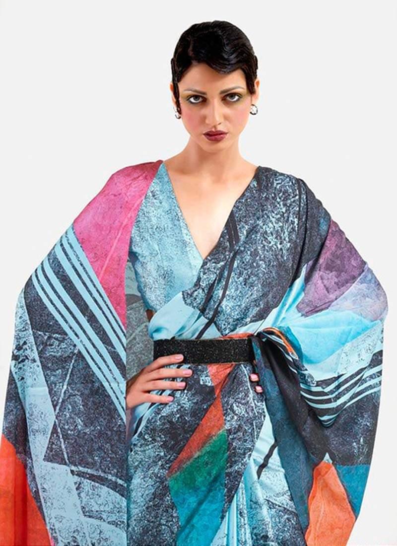 Classy Looking Light Blue Color Crepe Fabric V-Neck Blouse Printed Saree Buy Cheap Extremely