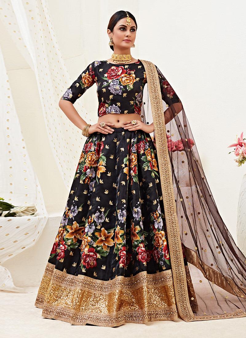 Floral Print Black Satin Lehenga Choli Cheap Pice Buy Discount