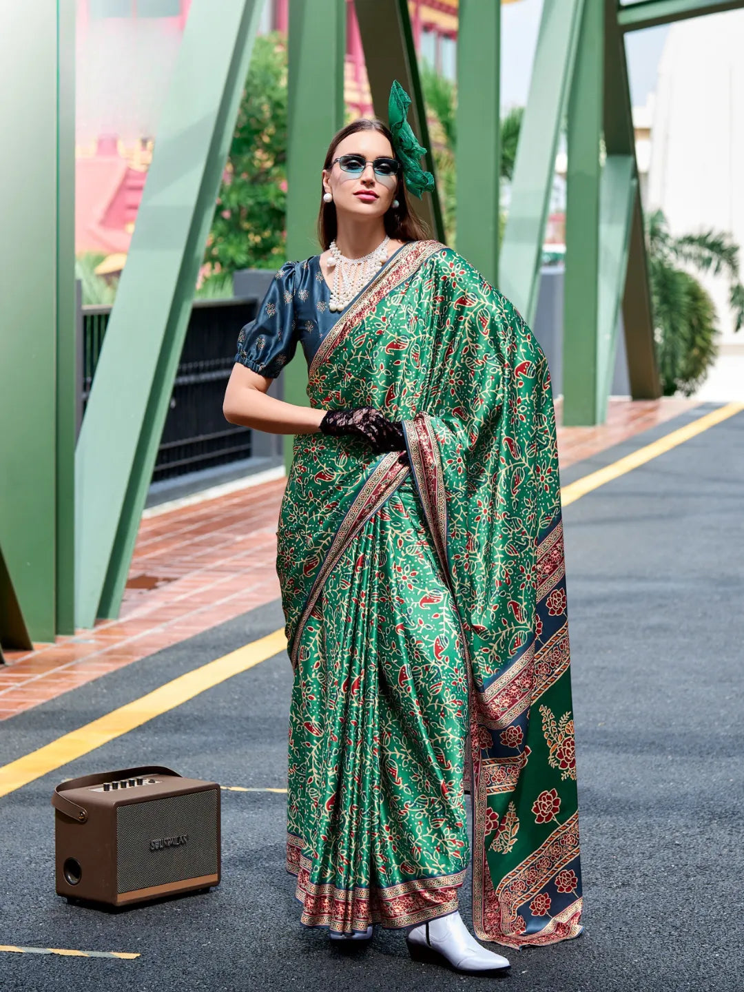 Dazzling Dark Green Satin Silk Printed Traditional Saree Visit New For Sale