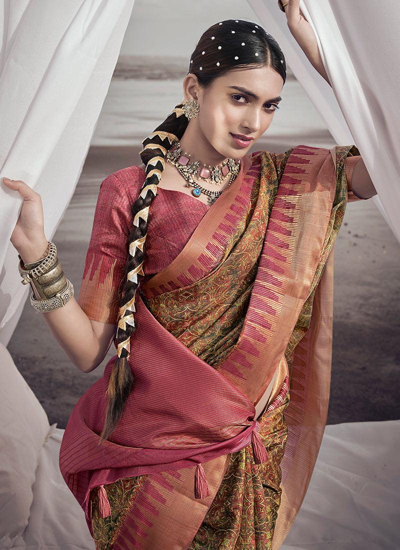 Rust Red Color Silk Fabric Printed Saree Cheap Sale Footlocker Pictures