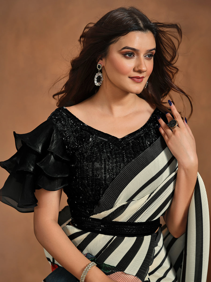 Classic Black-White Satin Silk Printed Ready To Wear Saree Discount In China